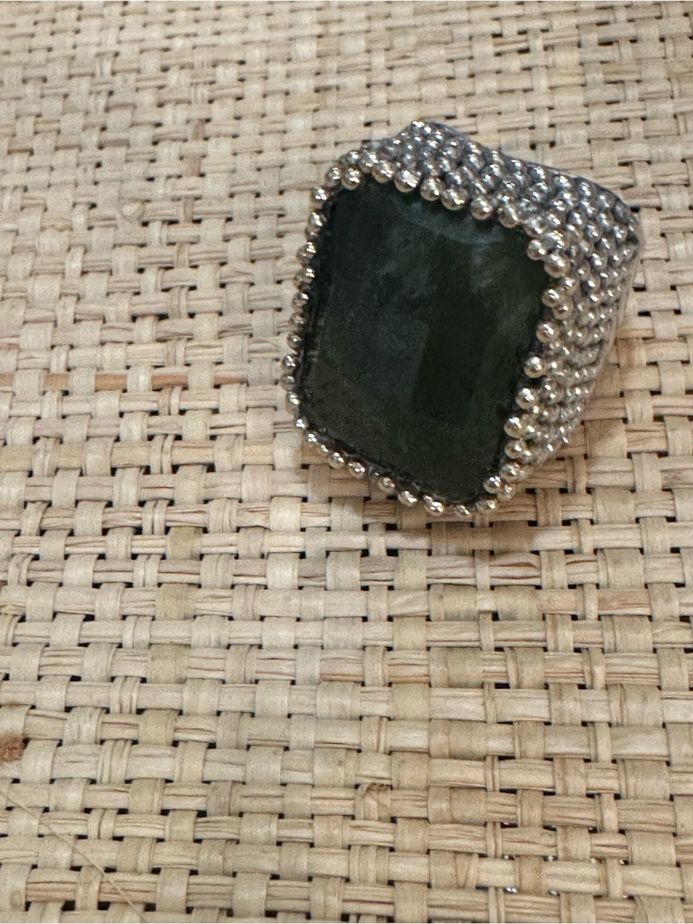 Dark Green Stone Silver Beaded Cocktail Ring